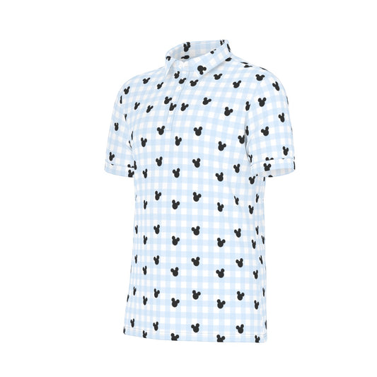Blue Gingham Men's Stretch Collar Polo Shirt