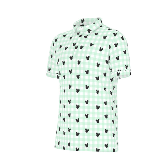 Green Gingham Men's Stretch Collar Polo Shirt