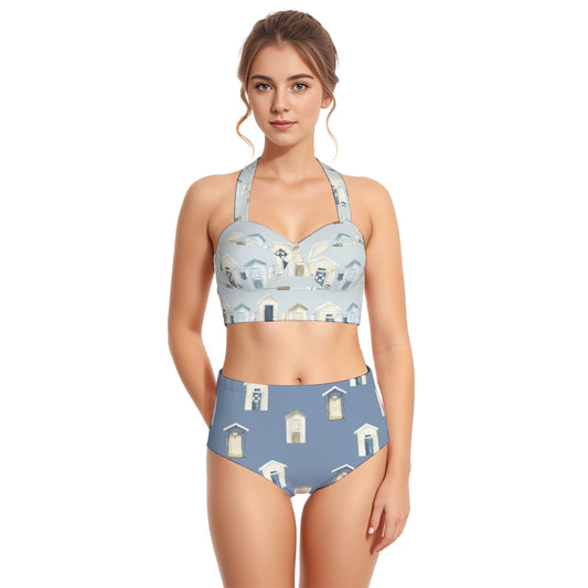 Beach Houses & Oars/Dark Blue Beach Houses Women's Swimsuit Set With Halter