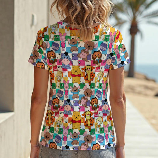 Colorful Checkered Winnie Women‘s V-neck T-Shirt