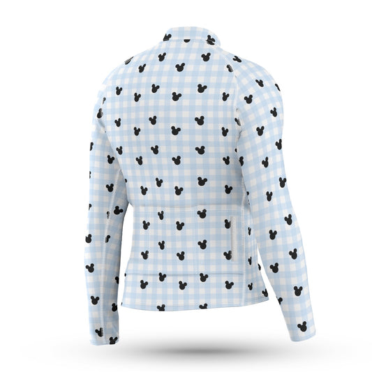 Blue Gingham Men's Anti-Slip Raglan Cycling Jersey With Long Sleeve