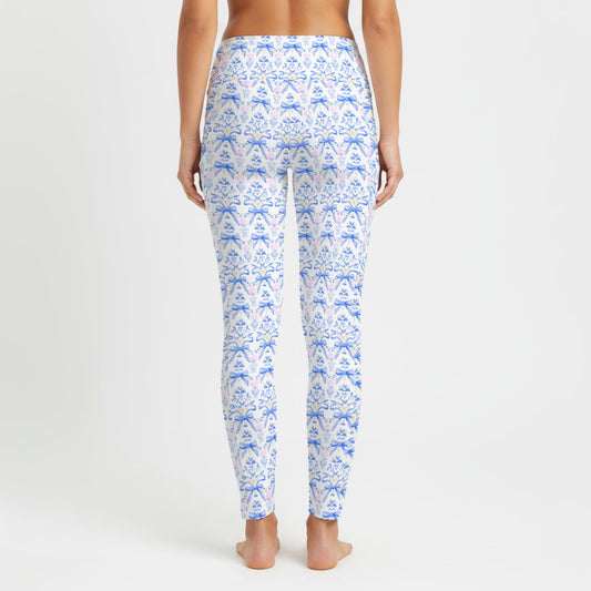 Simple Bright Blue Bow & Urn Women's High Waist Leggings With Side Pocket