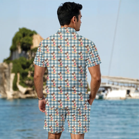 Vintage Blue Gingham MM Men's Summer Shirt Set