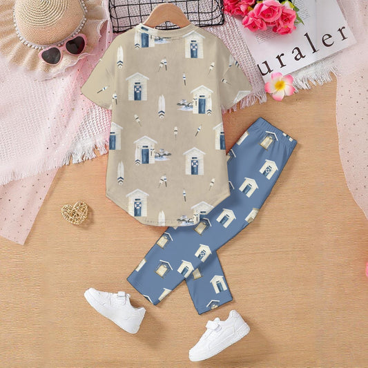 Khaki Beach Houses & Boards/Dark Blue Beach Houses Kids' Casual Top and Pants Set