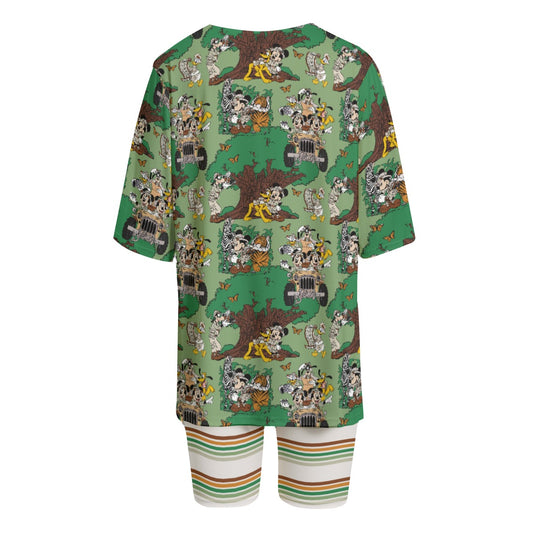 Green Safari & Stripe Women's T-shirt Set With Short Sleeve