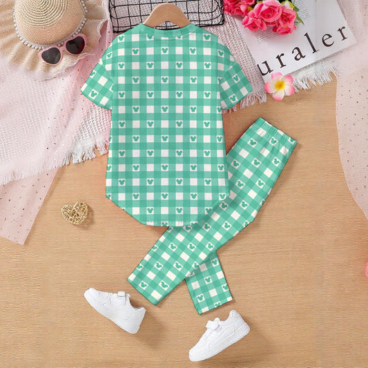 Teal Green Gingham Kids' Casual Top and Pants Set