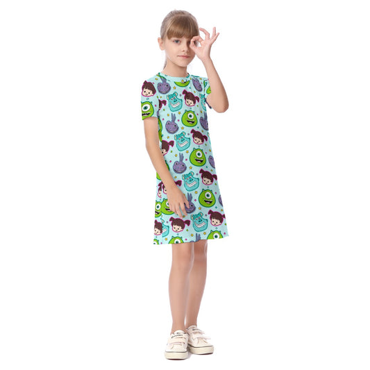 Aqua Toon Monsters Kid's Short Sleeve Dress