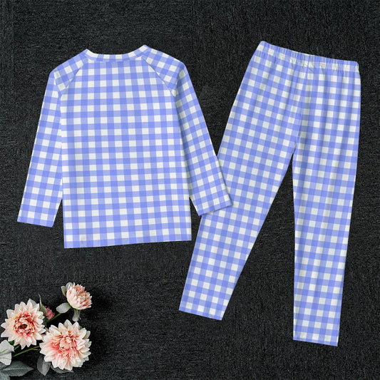 Bright Blue Gingham Kid's Raglan Sleeve Pajamas With Straight Leg Pants