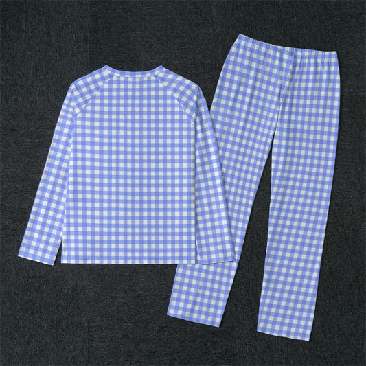 Bright Blue Gingham Men's Raglan Sleeve Pajamas With Straight Leg Pants