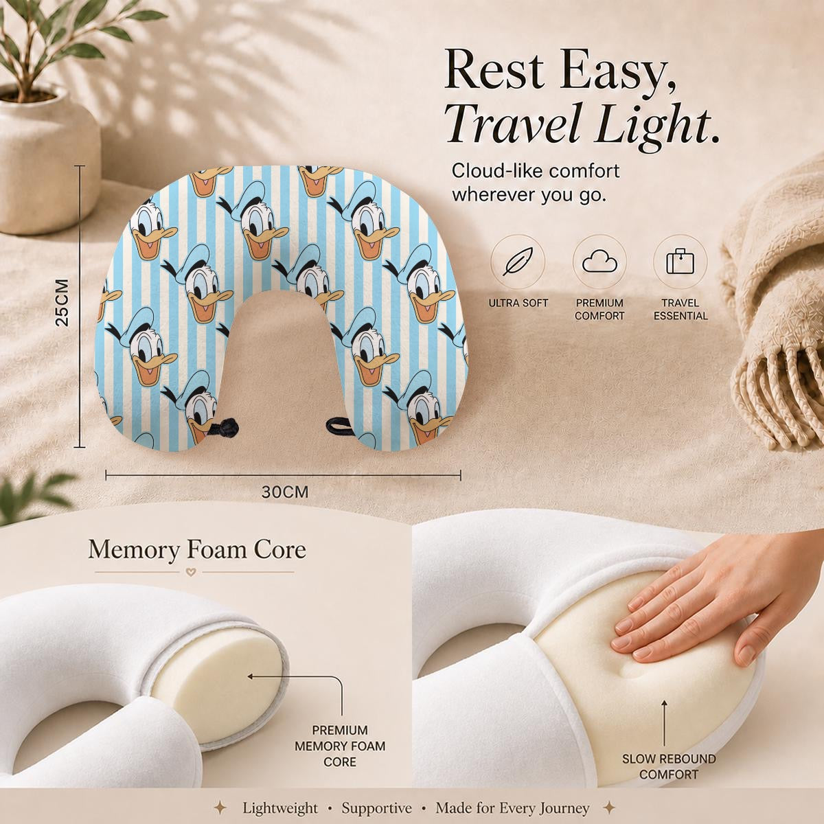 Donald Memory Foam Travel Neck Pillow with Closure
