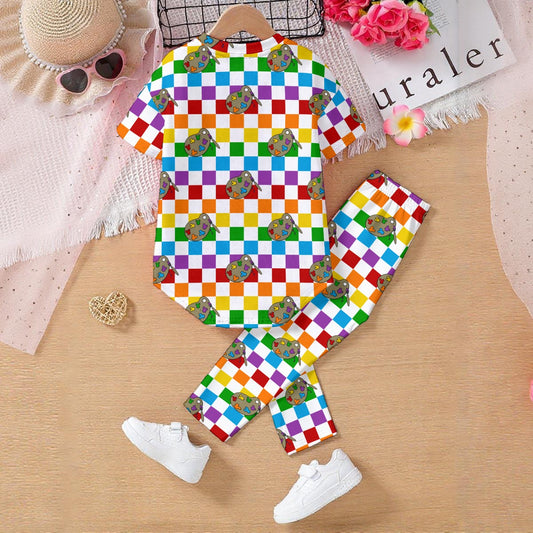 Colorful Checkered Paint Palette Kids' Casual Top and Pants Set
