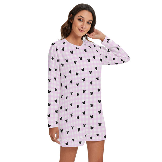 Bright Pink Gingham Women's Round Neck Raglan Sleeve Sweater