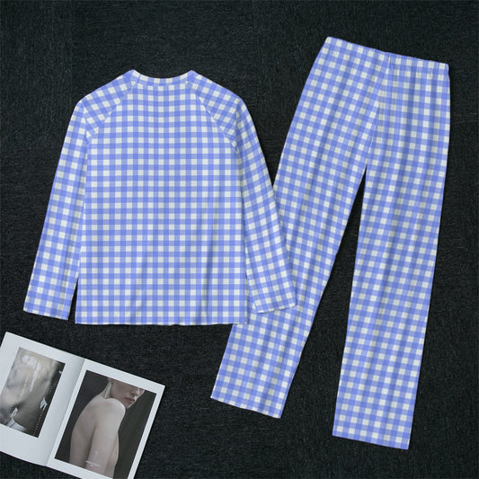 Bright Blue Gingham Women's Raglan Sleeve Pajamas With Straight Leg Pants