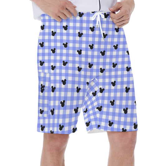 Bright Blue Gingham Men's Beach Shorts With Side Pocket