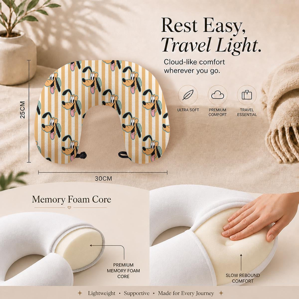 Pluto Memory Foam Travel Neck Pillow with Closure