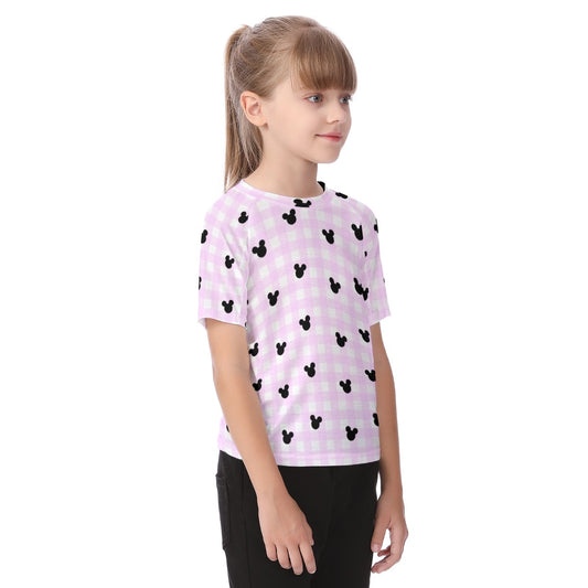 Bright Pink Gingham Kid's Raglan Sleeve T-shirt