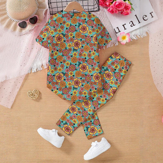 Teal Vintage Floral MM Kids' Casual Top and Pants Set