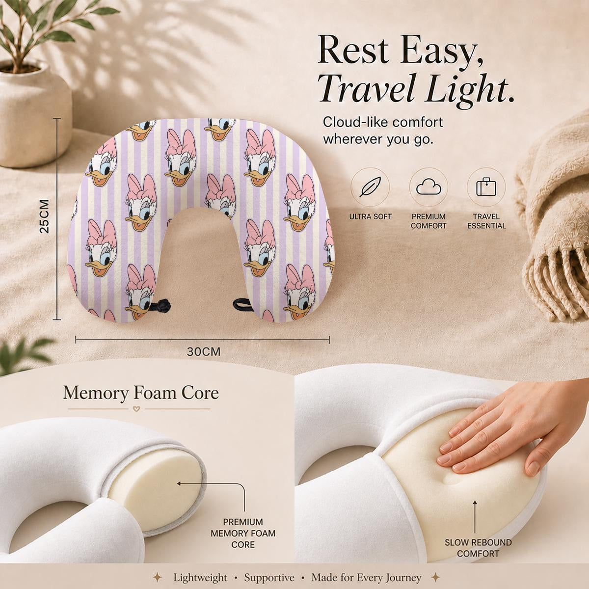 Daisy Memory Foam Travel Neck Pillow with Closure