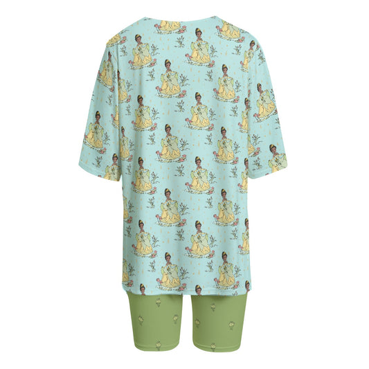 Tia [aqua] & Lotus Flowers Women's T-shirt Set With Short Sleeve
