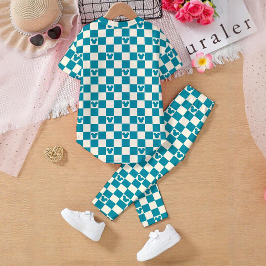 Teal Blue Check MM Kids' Casual Top and Pants Set