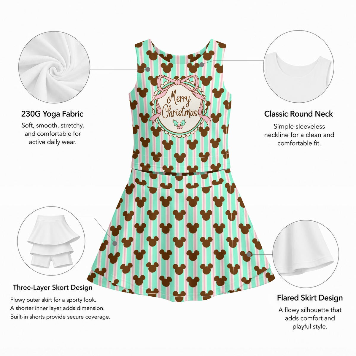 MM Merry Christmas & Christmas Mint MM Stripe Girl's Sports Tank & Skort Set