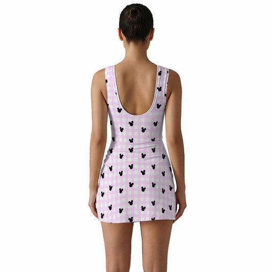Bright Pink Gingham  Women's Sleeveless Bodysuit Dress