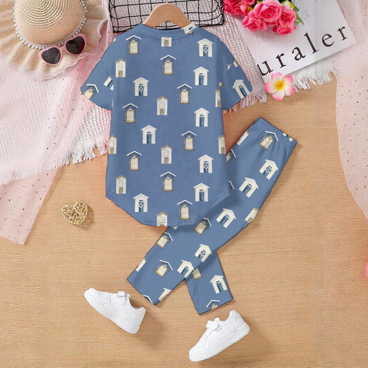 Dark Blue Beach Houses Kids' Casual Top and Pants Set