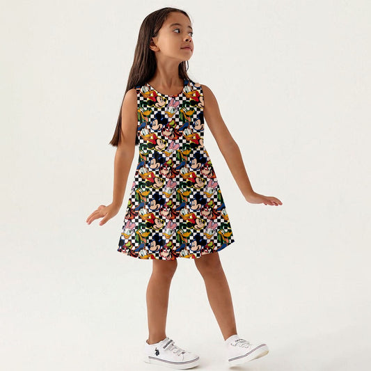 Checkered Friends Girls Sleeveless A-Line Dress